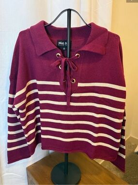 WHIT Burgundy and Cream Striped Lace-Up V-Neck Sweater
